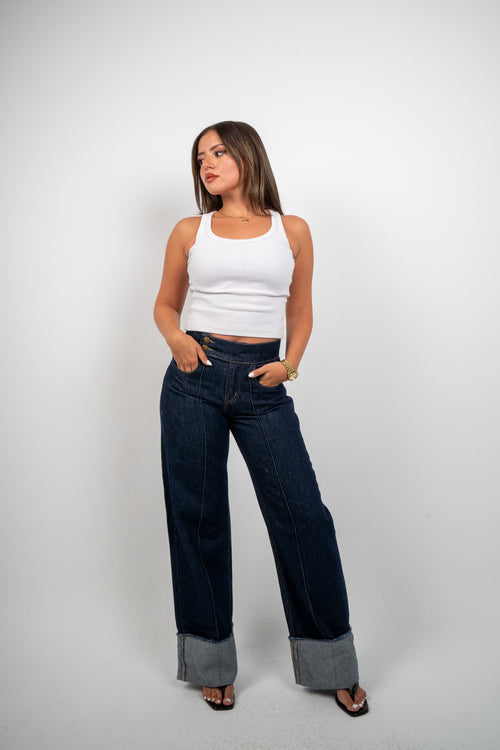 Double Button Cuffed Jeans — Dark, front view