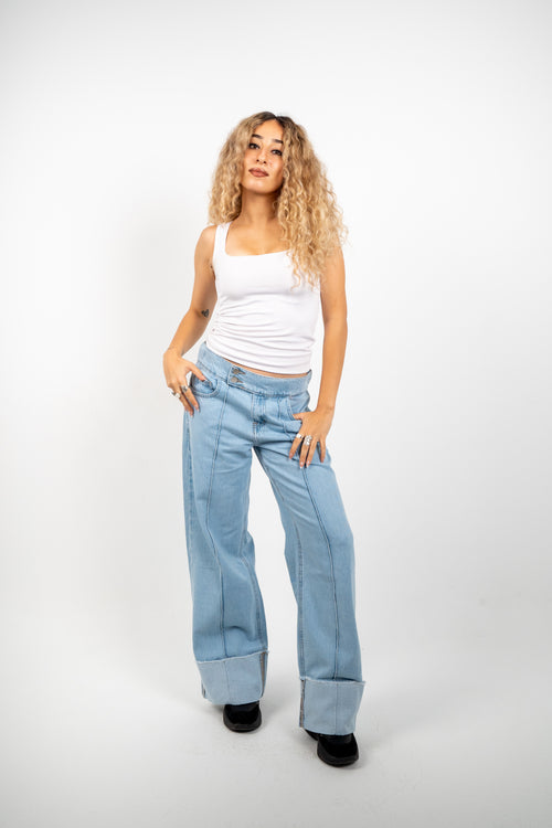 Double Button Cuffed Jeans — Light, front view