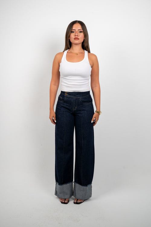 Double Button Cuffed Jeans — Dark, front view, standing