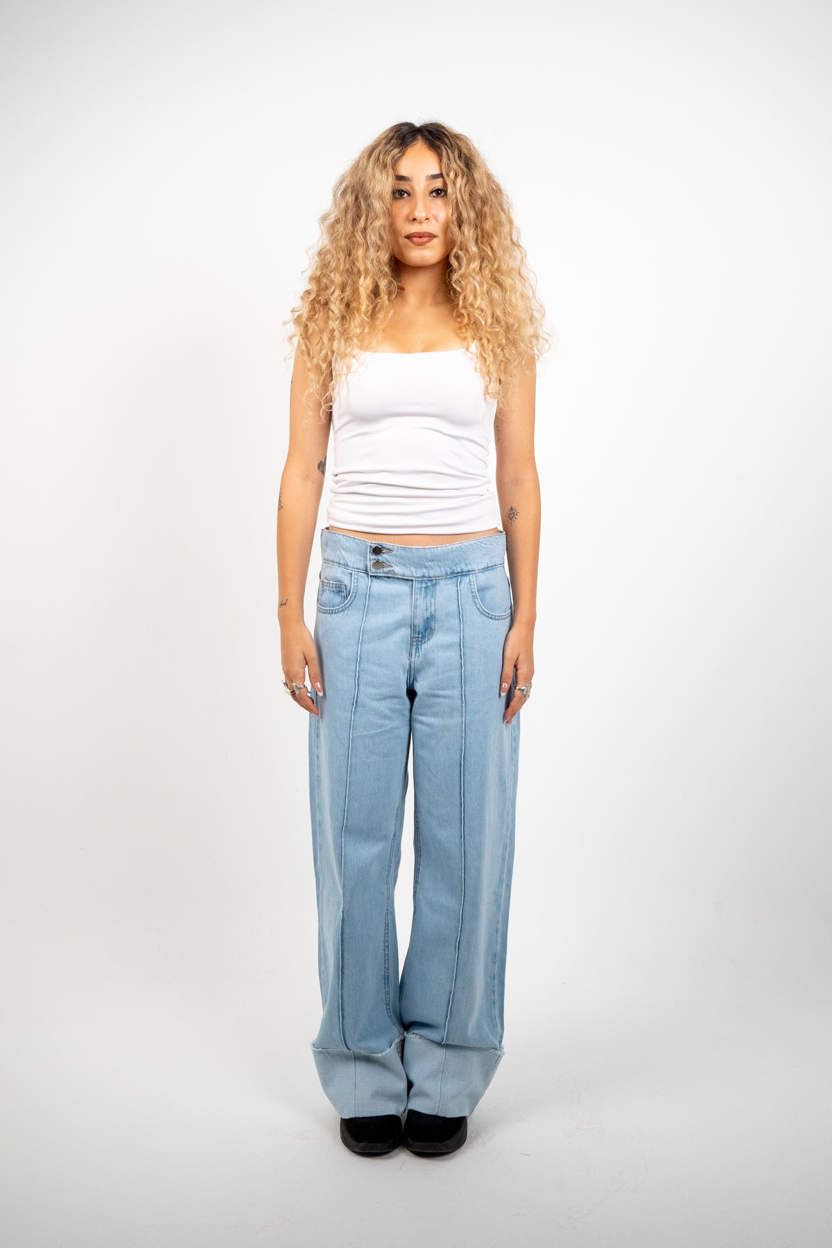 Double Button Cuffed Jeans — Light, front view, standing
