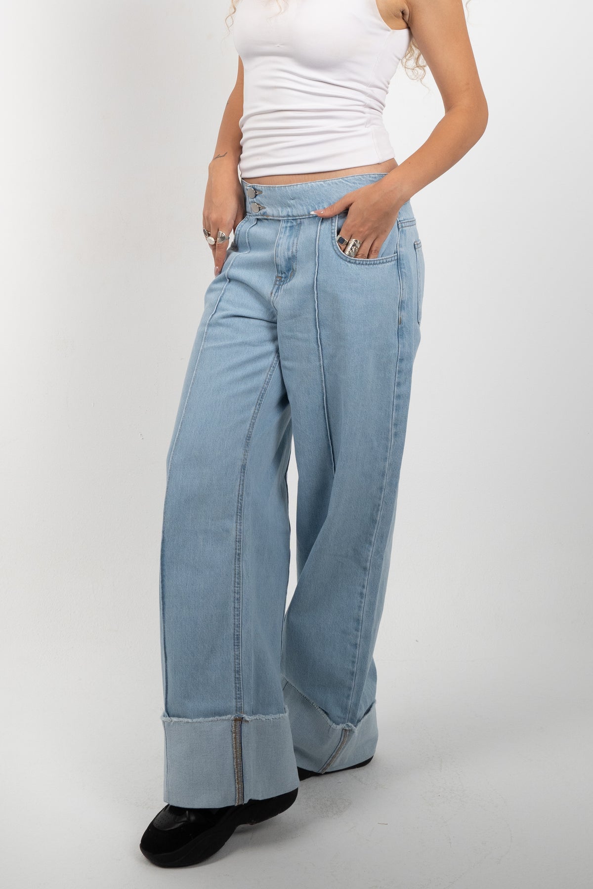 Double Button Cuffed Jeans — Light, close-up of the rolled cuffs