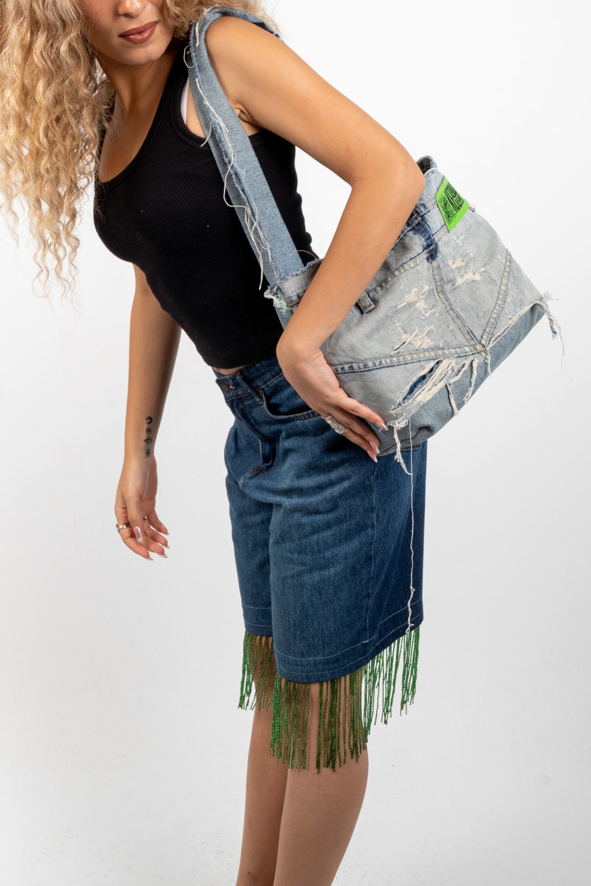 Signature Jeans Tote Bag, worn on the shoulder