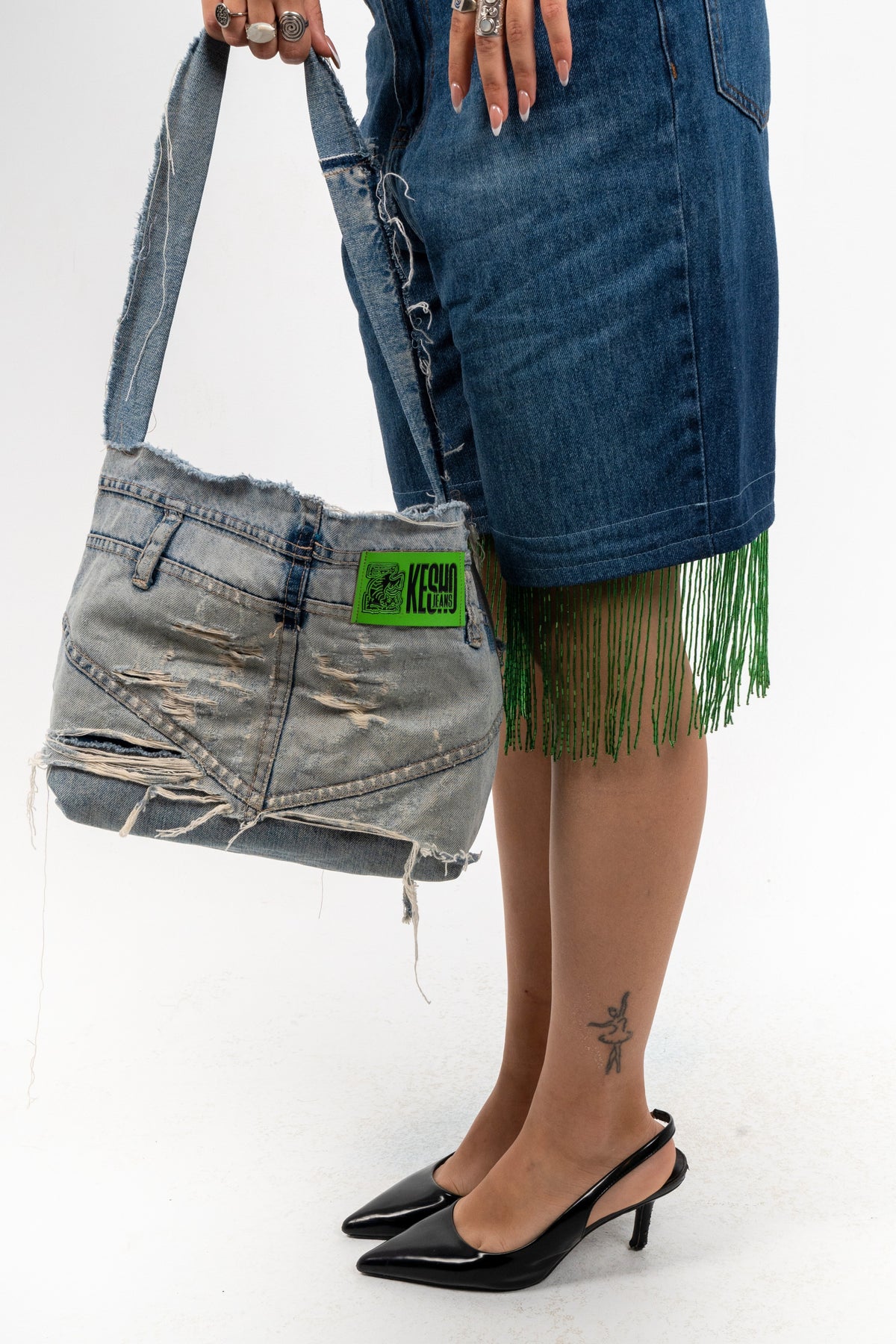 Signature Jeans Tote Bag, worn on the shoulder